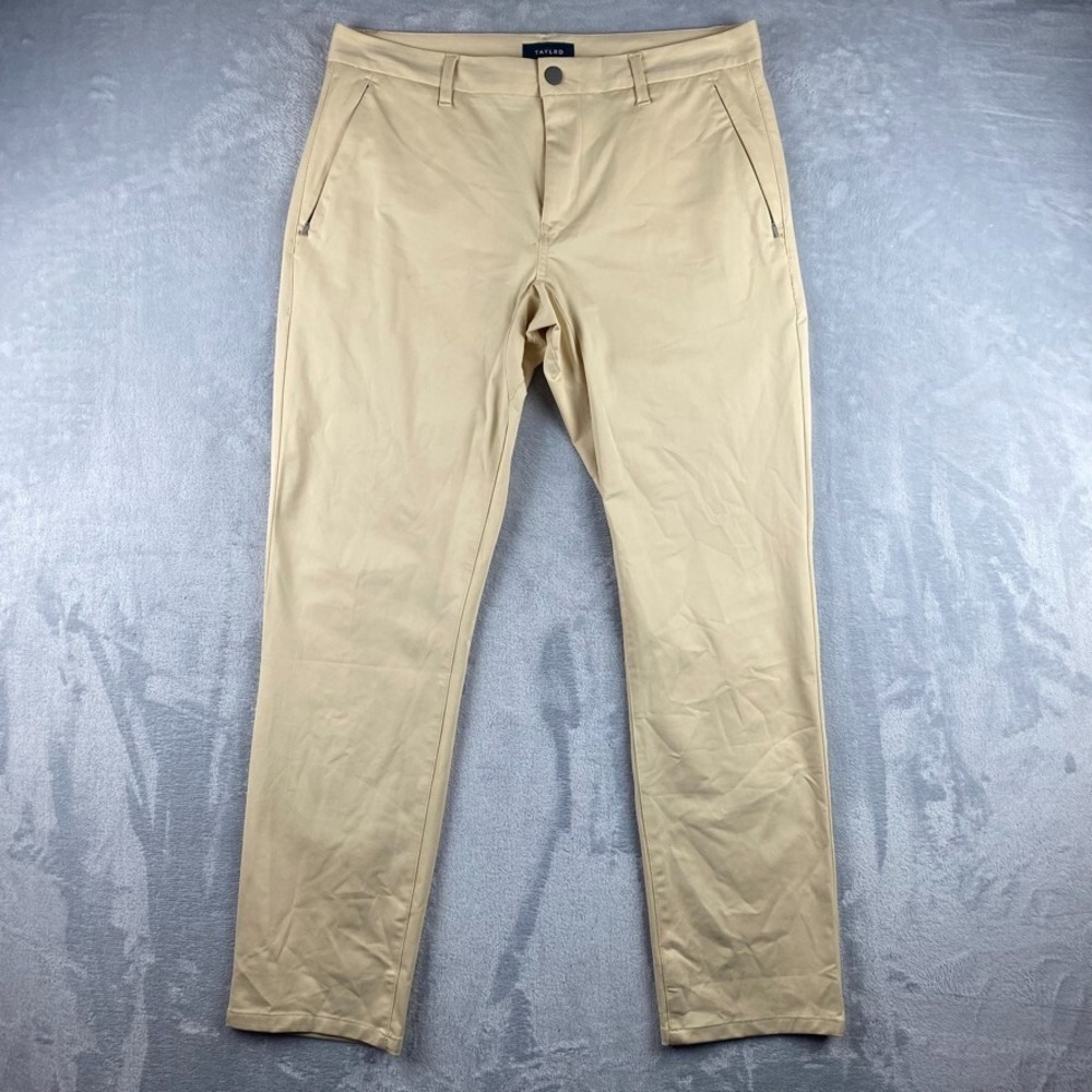 Taylrd Pants Mens 34x32 Beige Tan Slim Straight Fit Performance Tech Chino Snap